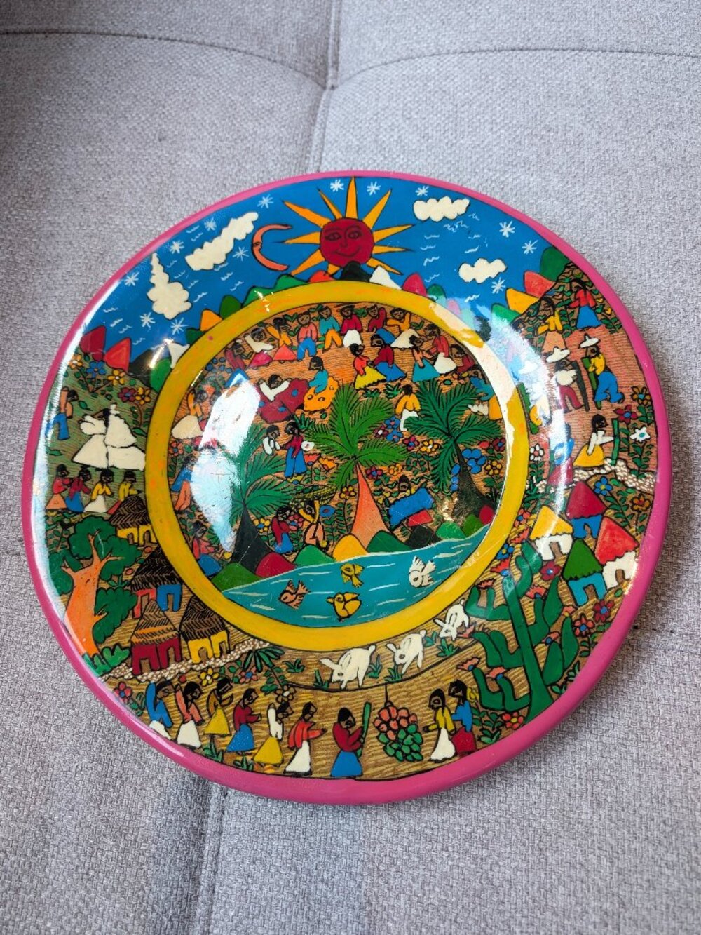 Vintage Mexican Folk Art Pottery Wall Plate Hand Painted Village Scene 12 Inch